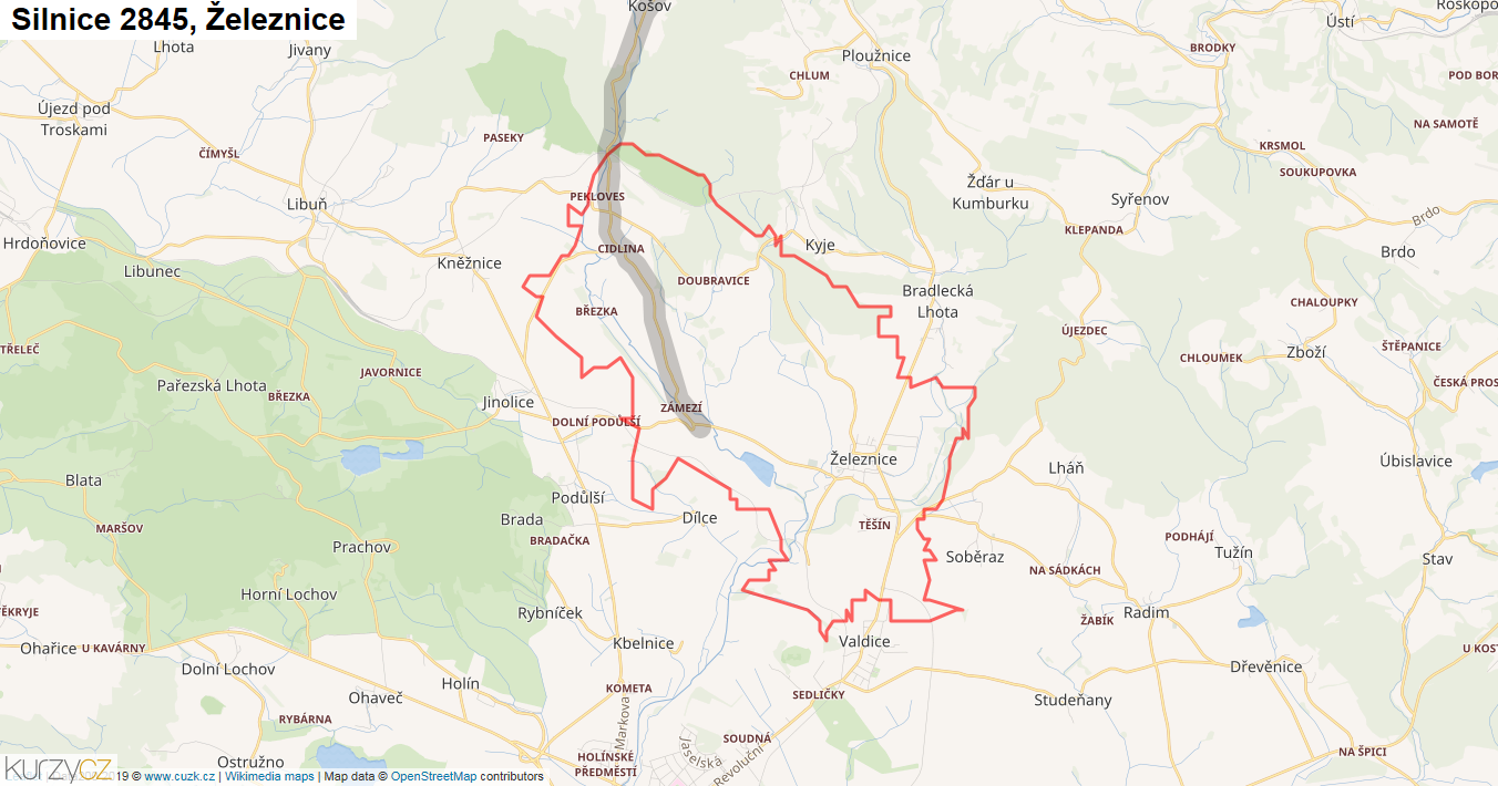 Železnice, Silnice 2845 - Mapa