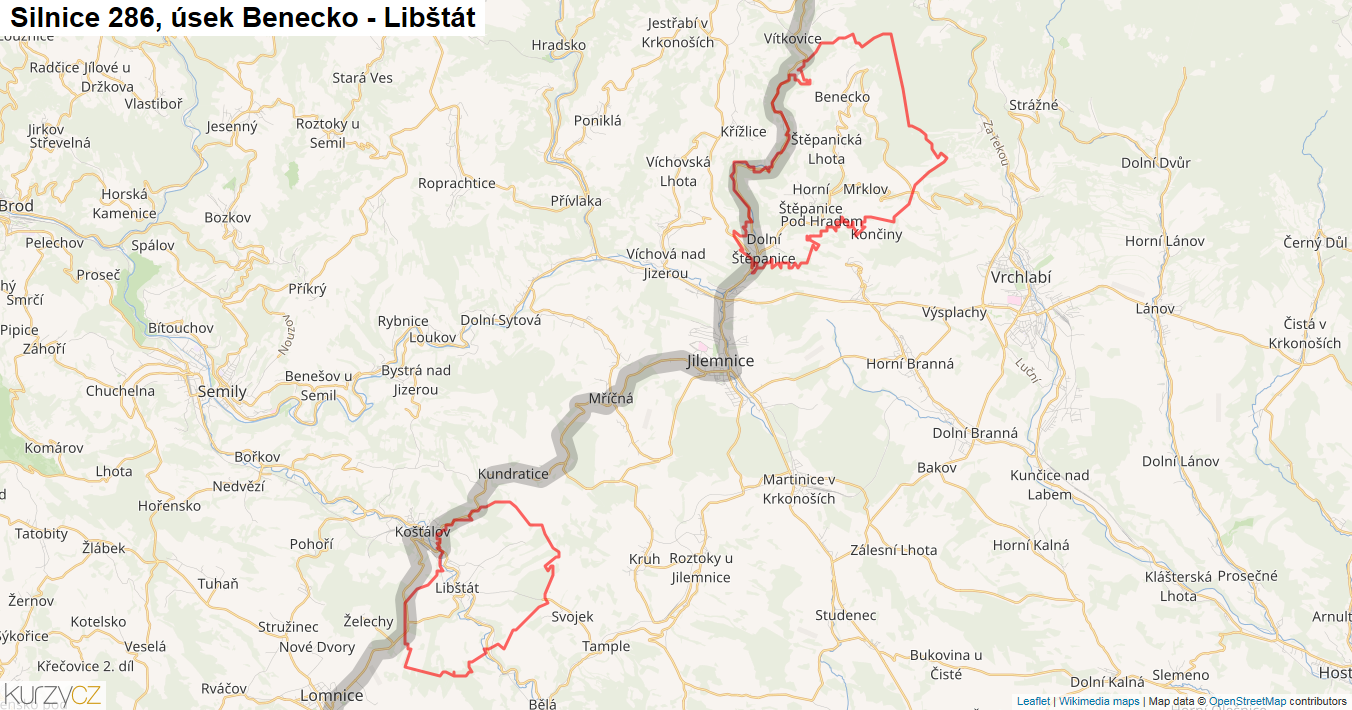 Úsek Benecko - Libštát, Silnice 286 - Mapa