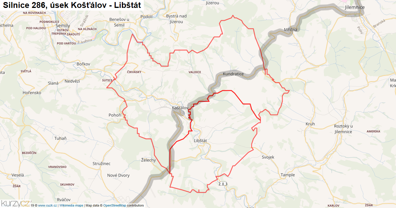 Úsek Košťálov - Libštát, Silnice 286 - Mapa