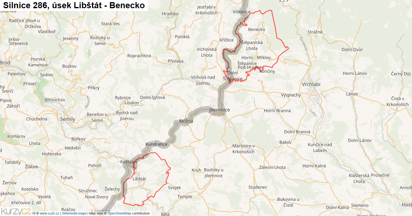 Úsek Libštát - Benecko, Silnice 286 - Mapa