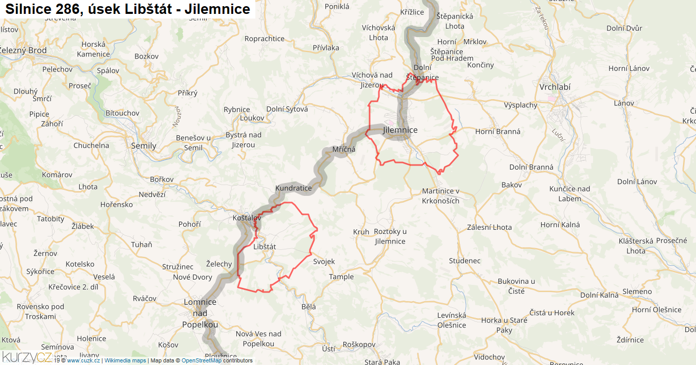Úsek Libštát - Jilemnice, Silnice 286 - Mapa