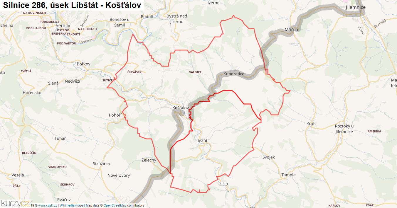 Úsek Libštát - Košťálov, Silnice 286 - Mapa