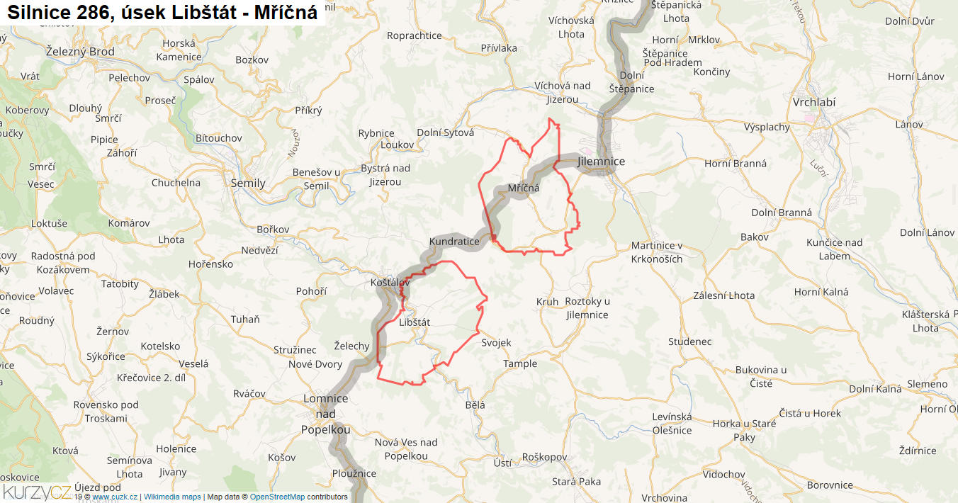 Úsek Libštát - Mříčná, Silnice 286 - Mapa