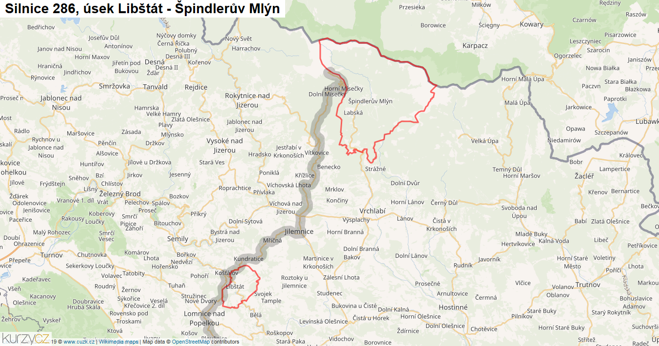 Úsek Libštát - Špindlerův Mlýn, Silnice 286 - Mapa