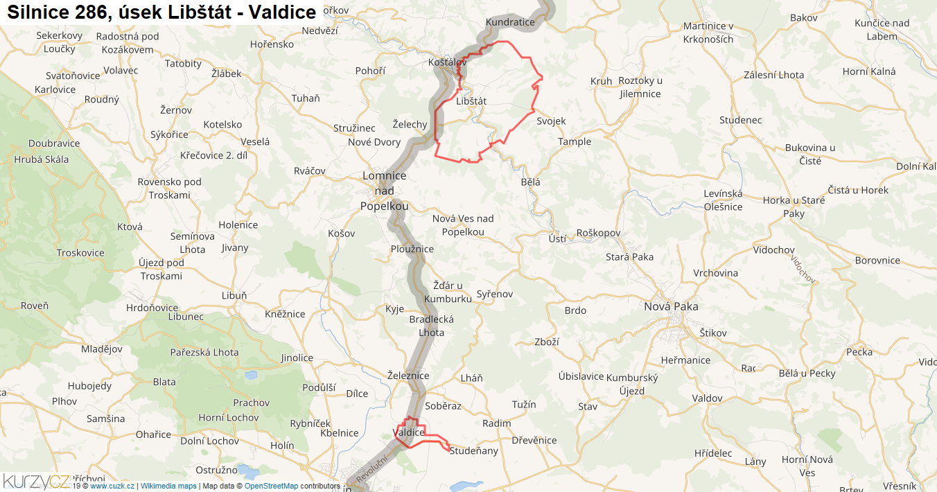 Úsek Libštát - Valdice, Silnice 286 - Mapa
