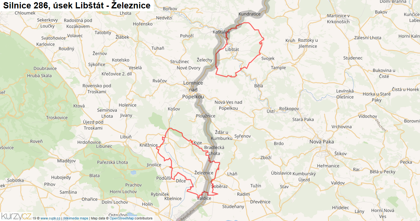 Úsek Libštát - Železnice, Silnice 286 - Mapa