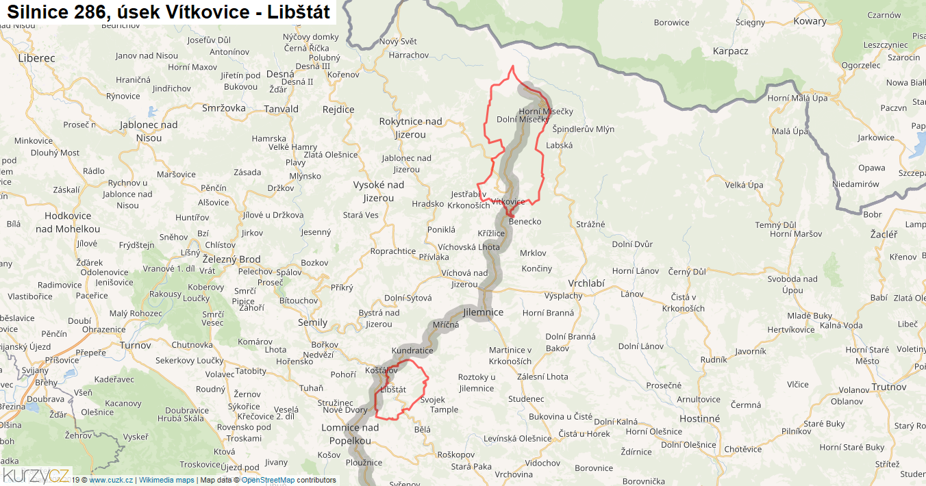 Úsek Vítkovice - Libštát, Silnice 286 - Mapa