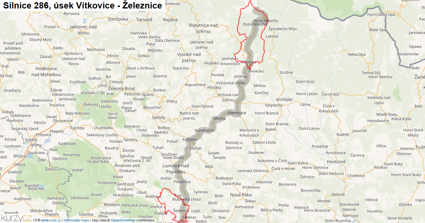 Úsek Vítkovice - Železnice, Silnice 286 - Mapa