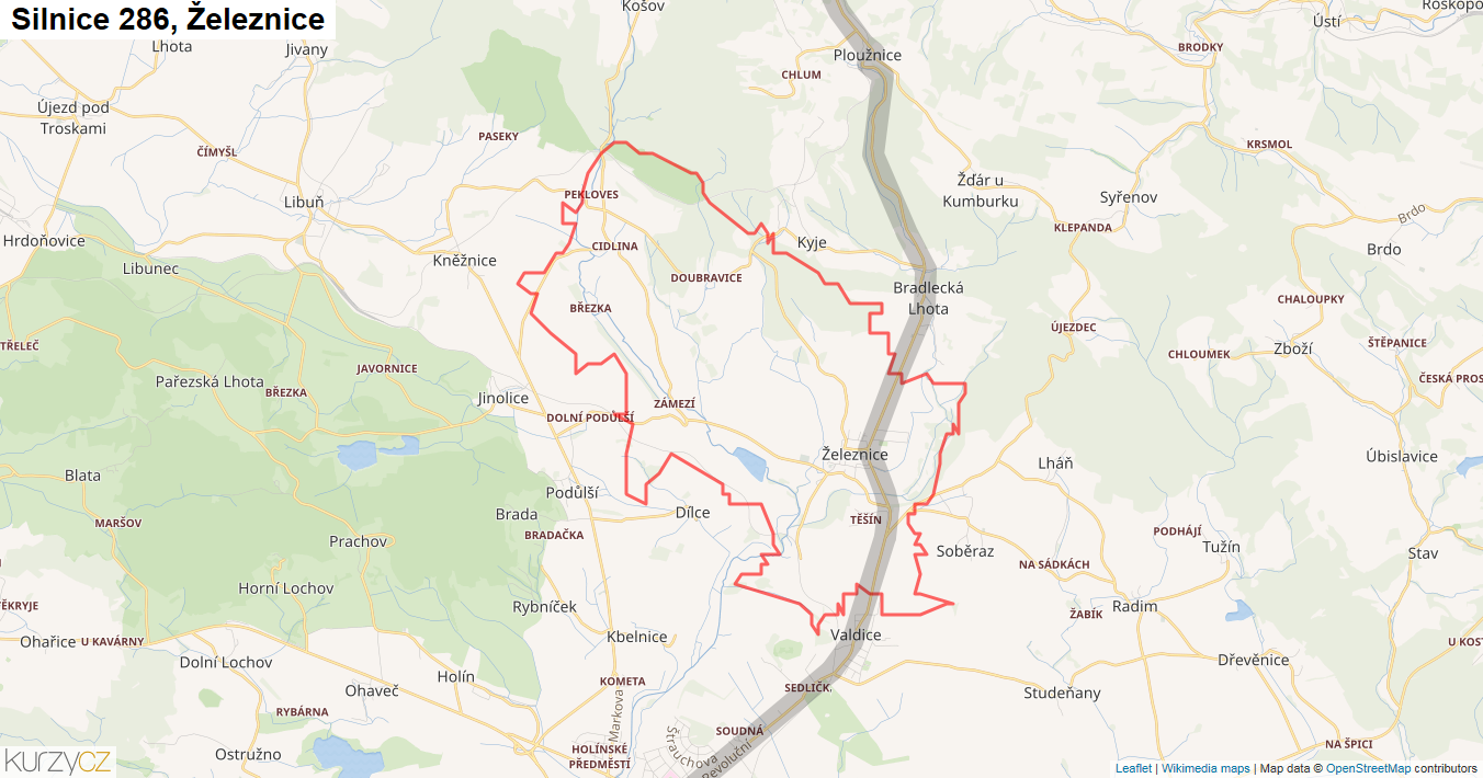 Železnice, Silnice 286 - Mapa