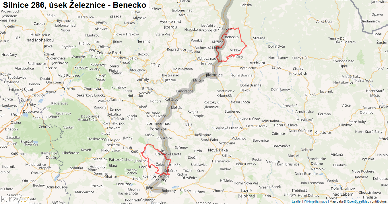 Úsek Železnice - Benecko, Silnice 286 - Mapa