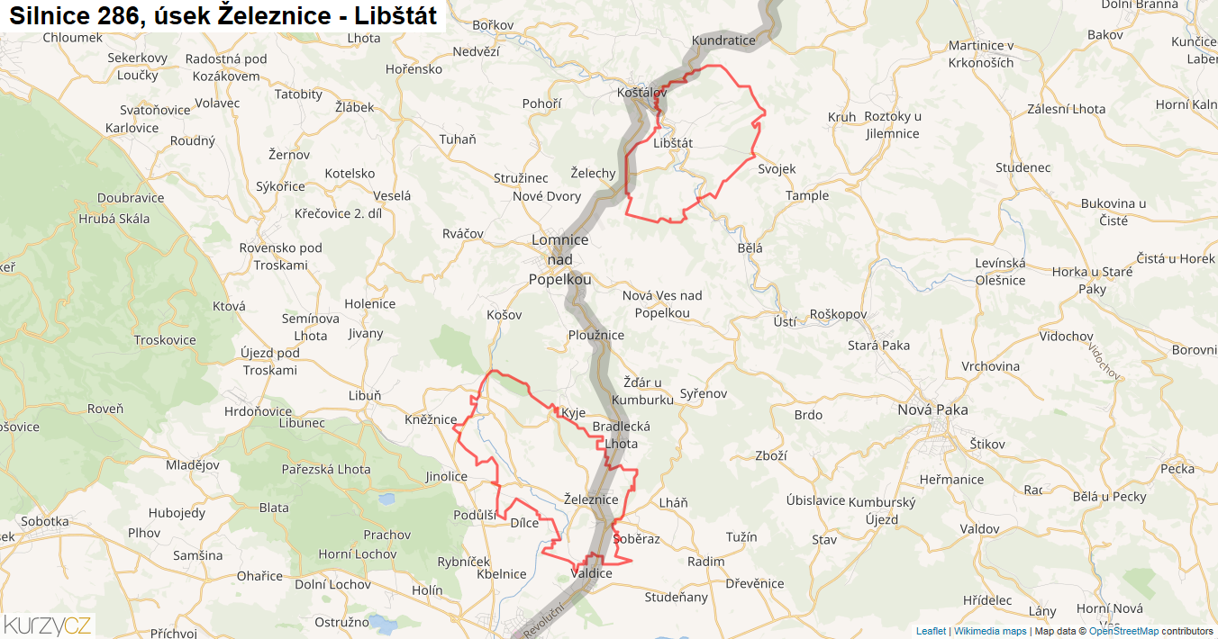 Úsek Železnice - Libštát, Silnice 286 - Mapa
