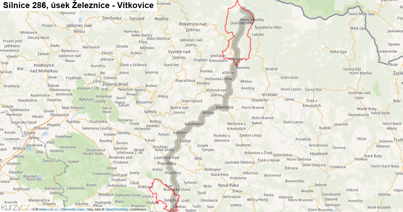 Úsek Železnice - Vítkovice, Silnice 286 - Mapa