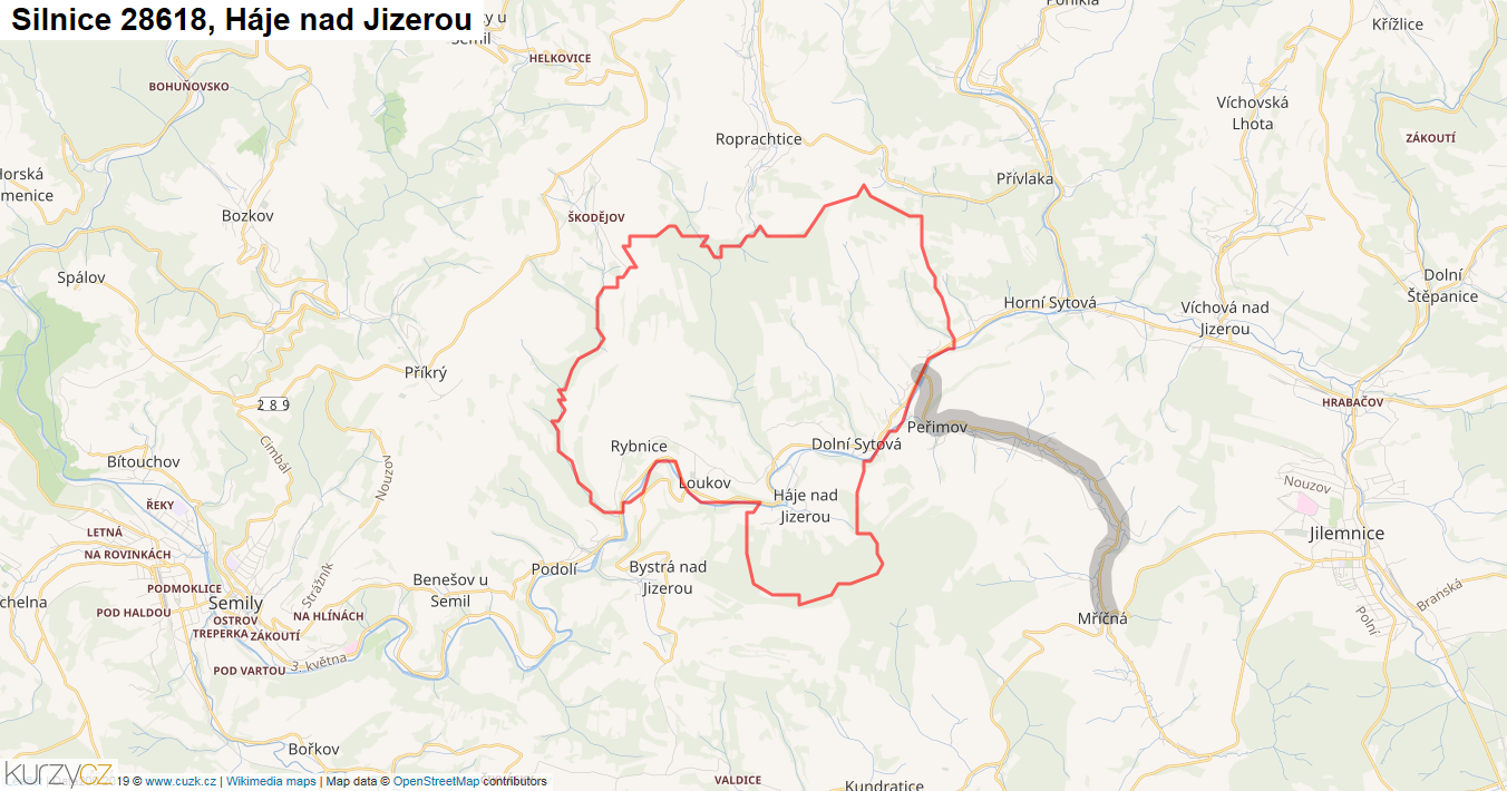 Háje nad Jizerou, Silnice 28618 - Mapa