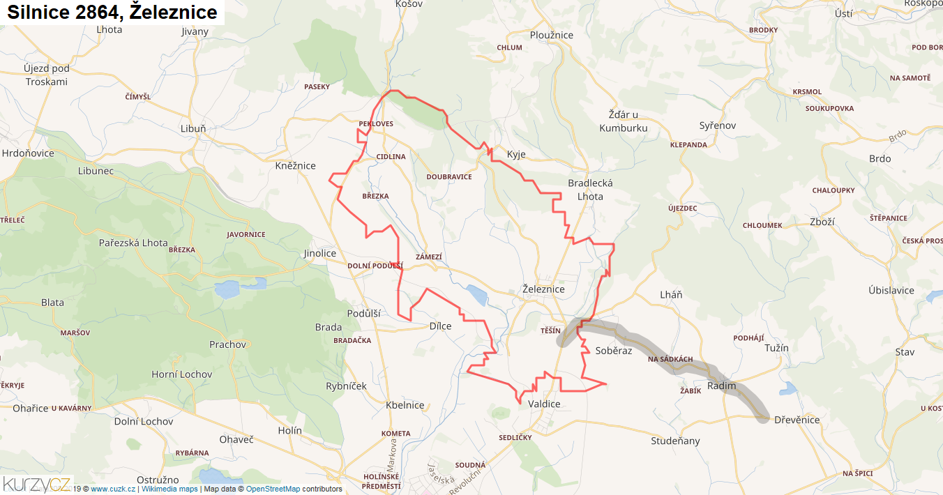 Železnice, Silnice 2864 - Mapa