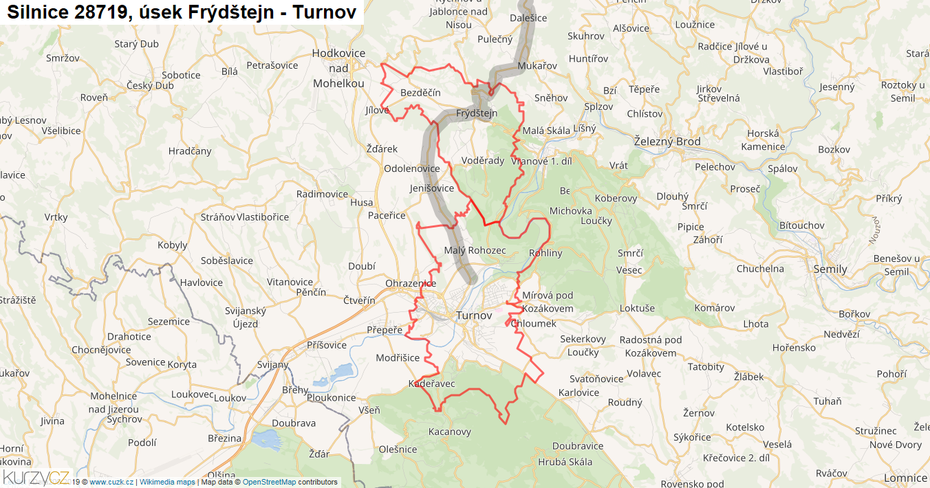 Úsek Frýdštejn - Turnov, Silnice 28719 - Mapa