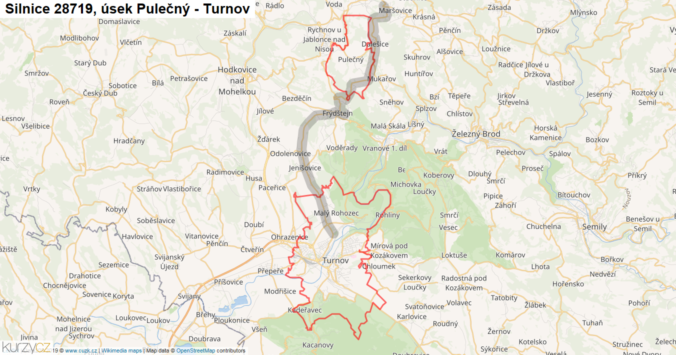 Úsek Pulečný - Turnov, Silnice 28719 - Mapa