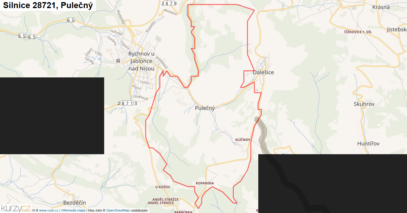 Pulečný, Silnice 28721 - Mapa