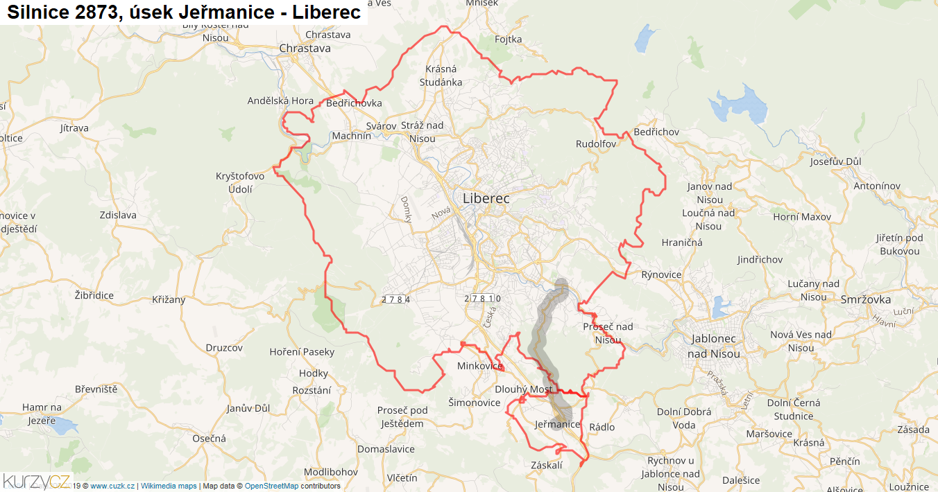 Úsek Jeřmanice - Liberec, Silnice 2873 - Mapa
