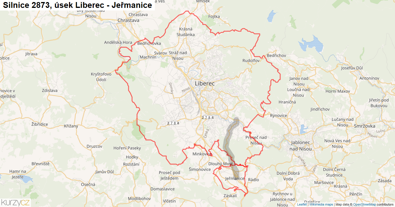 Úsek Liberec - Jeřmanice, Silnice 2873 - Mapa