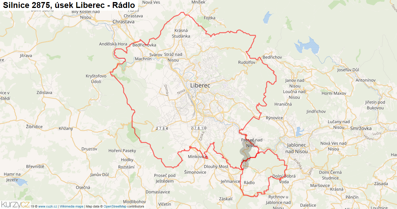 Úsek Liberec - Rádlo, Silnice 2875 - Mapa