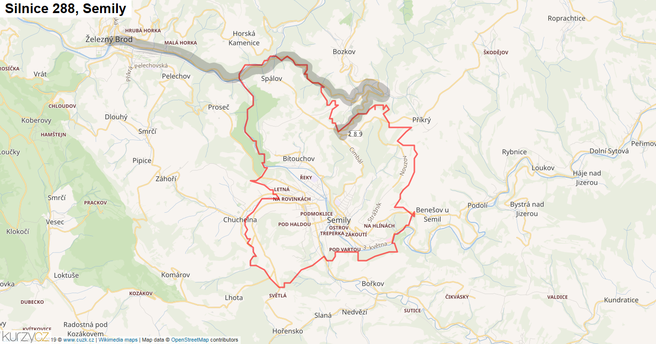 Semily, Silnice 288 - Mapa
