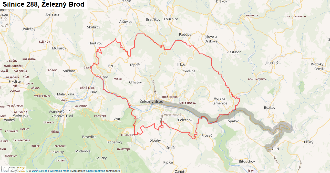 Železný Brod, Silnice 288 - Mapa