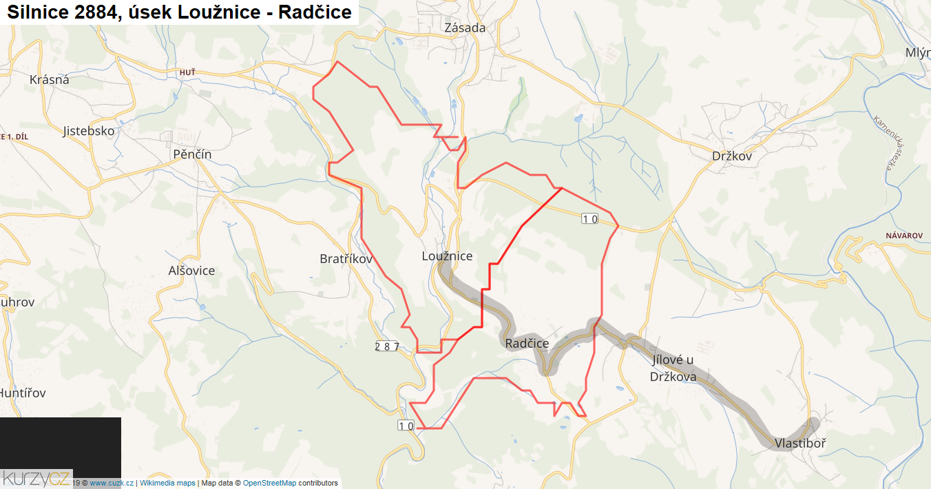 Úsek Loužnice - Radčice, Silnice 2884 - Mapa