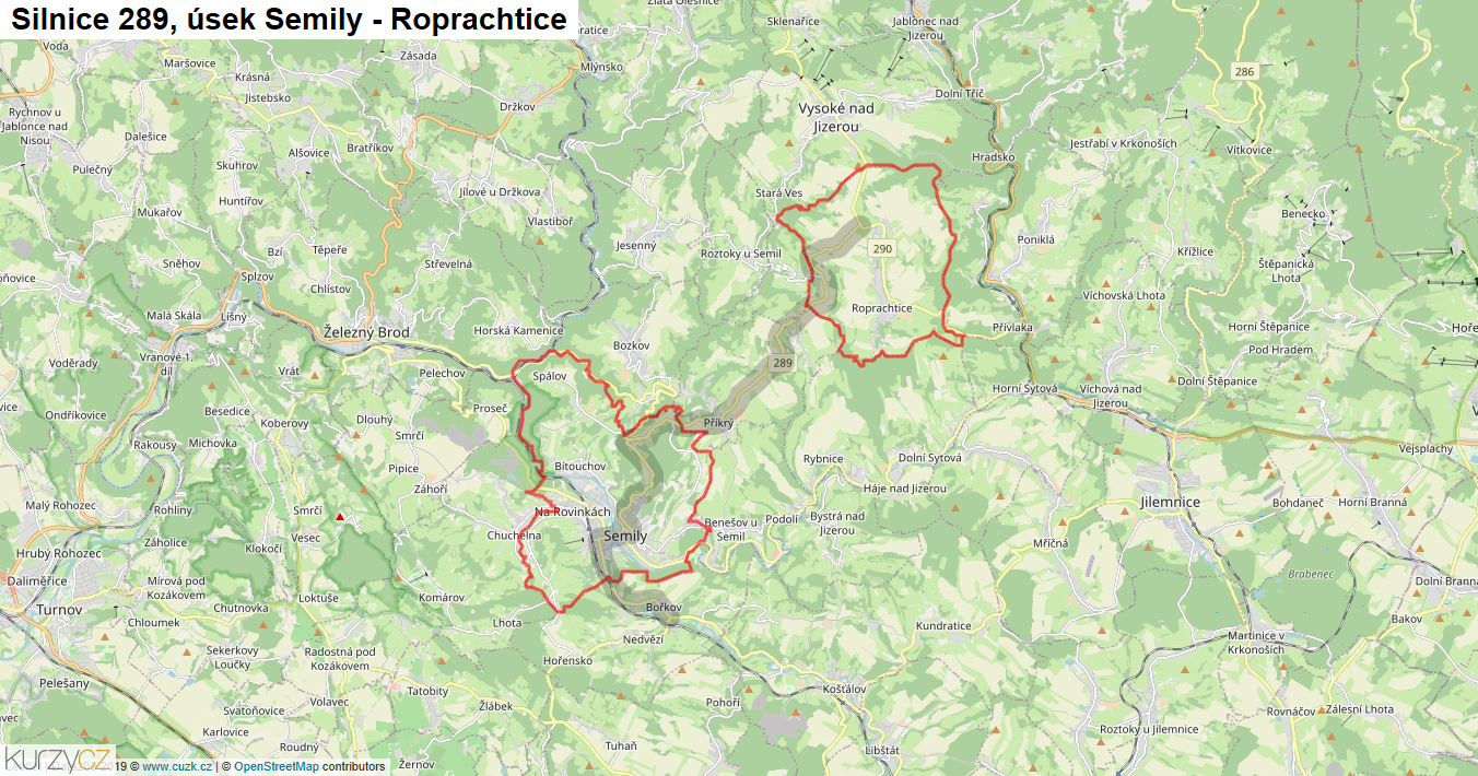 Úsek Semily - Roprachtice, Silnice 289 - Mapa
