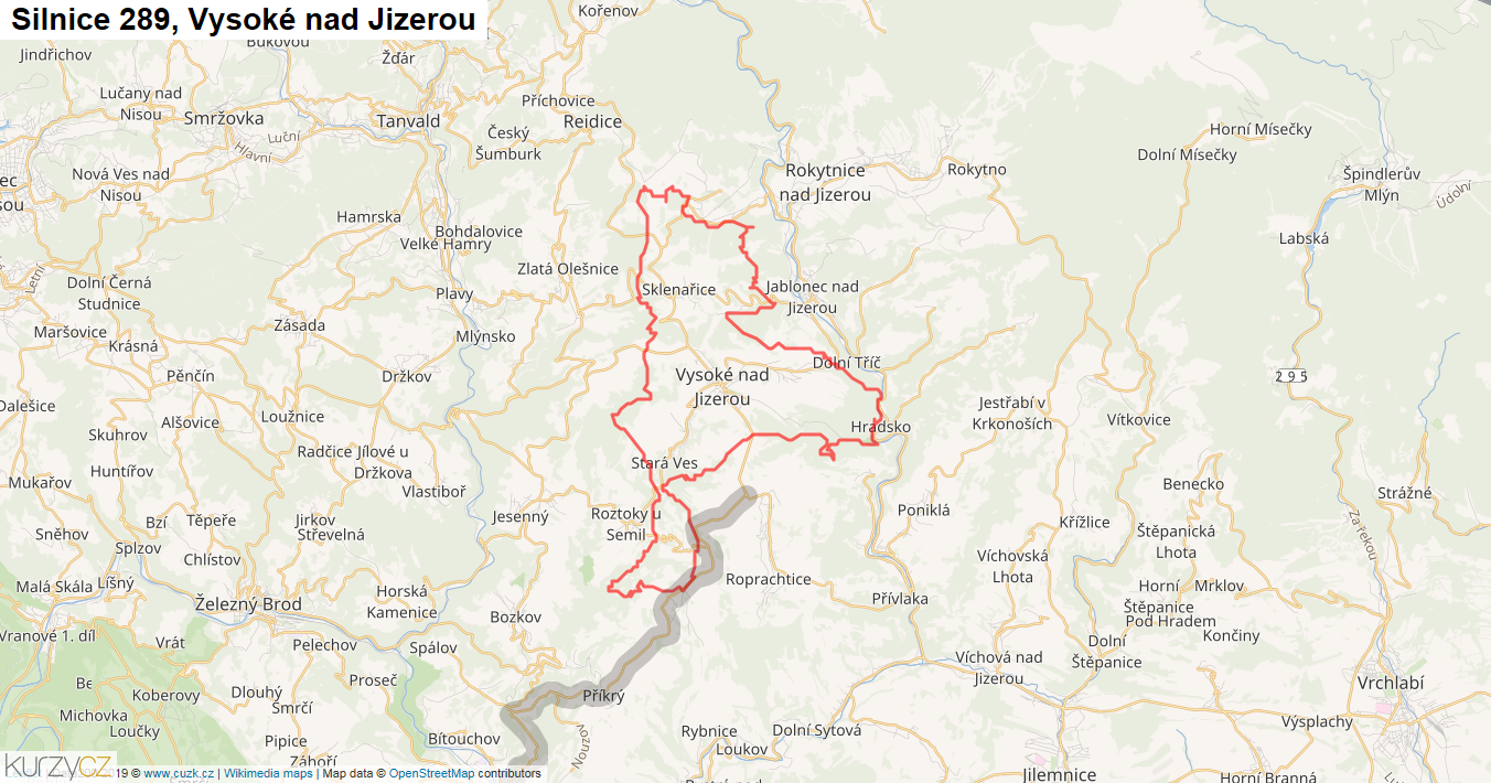 Vysoké nad Jizerou, Silnice 289 - Mapa