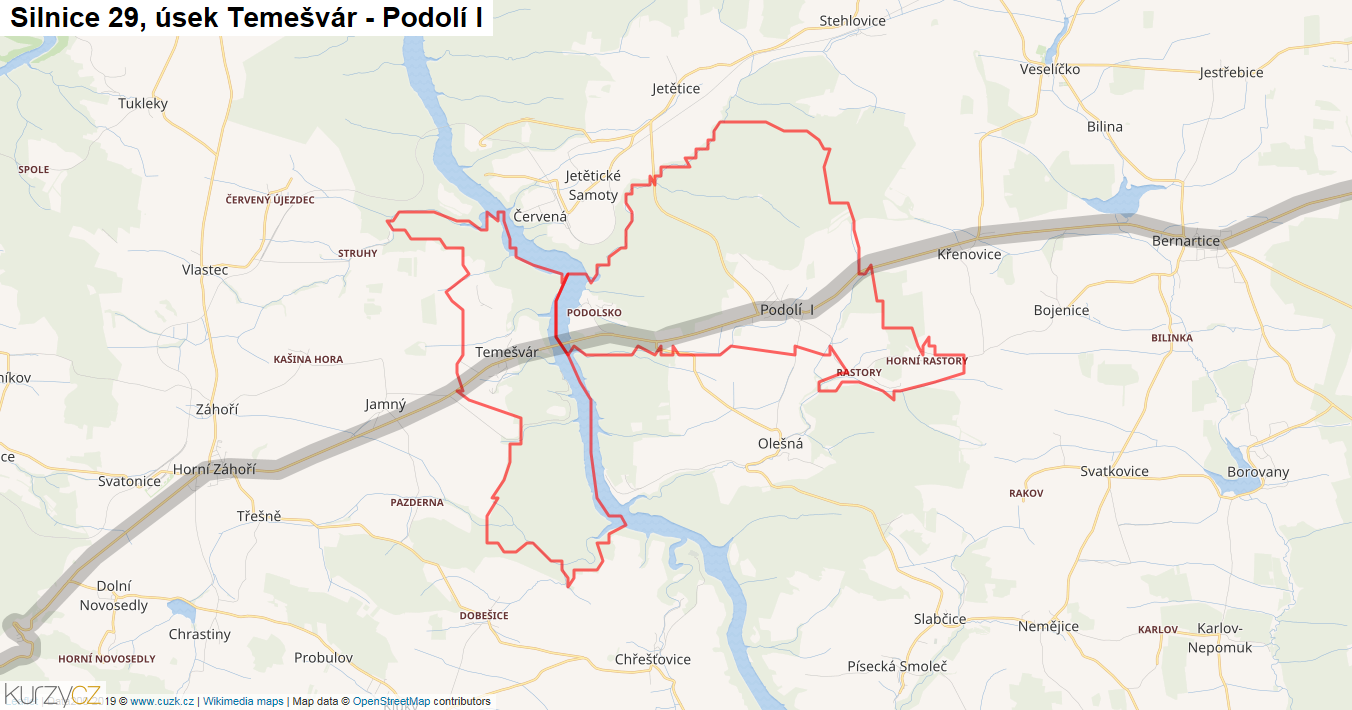 Úsek Temešvár - Podolí I, Silnice 29 - Mapa
