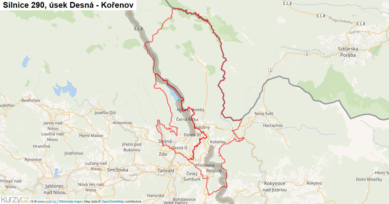 Úsek Desná - Kořenov, Silnice 290 - Mapa