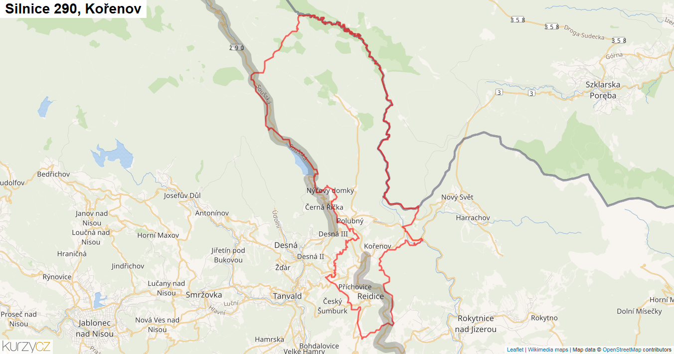 Kořenov, Silnice 290 - Mapa