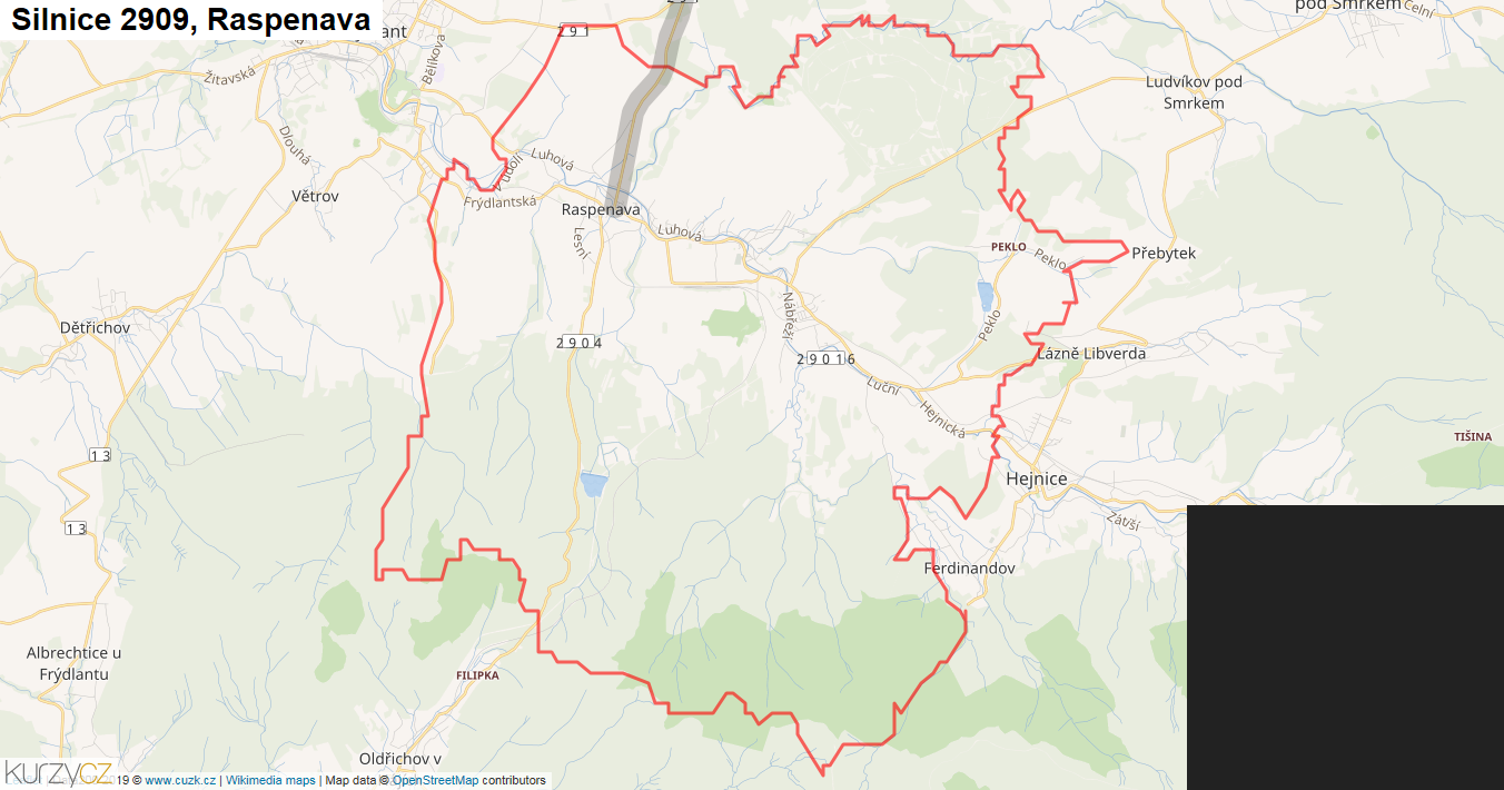 Raspenava, Silnice 2909 - Mapa