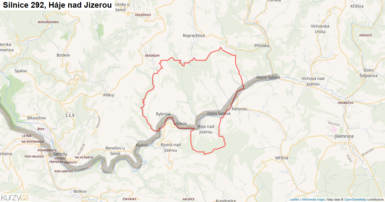Háje nad Jizerou, Silnice 292 - Mapa