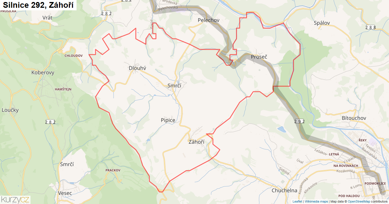 Záhoří, Silnice 292 - Mapa