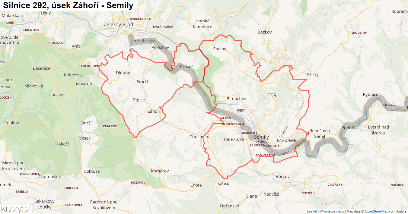 Úsek Záhoří - Semily, Silnice 292 - Mapa