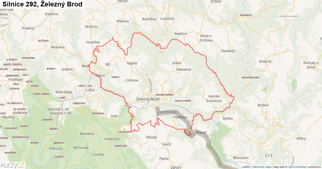 Železný Brod, Silnice 292 - Mapa