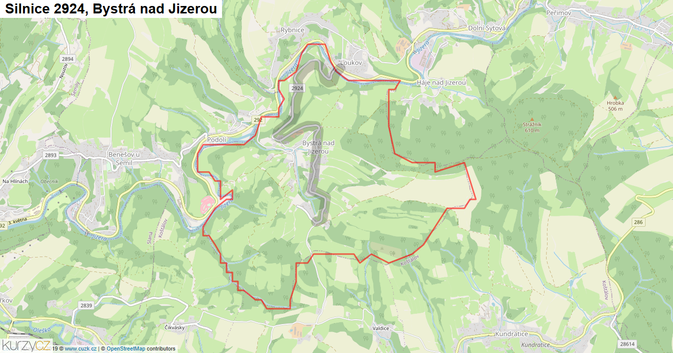 Bystrá nad Jizerou, Silnice 2924 - Mapa