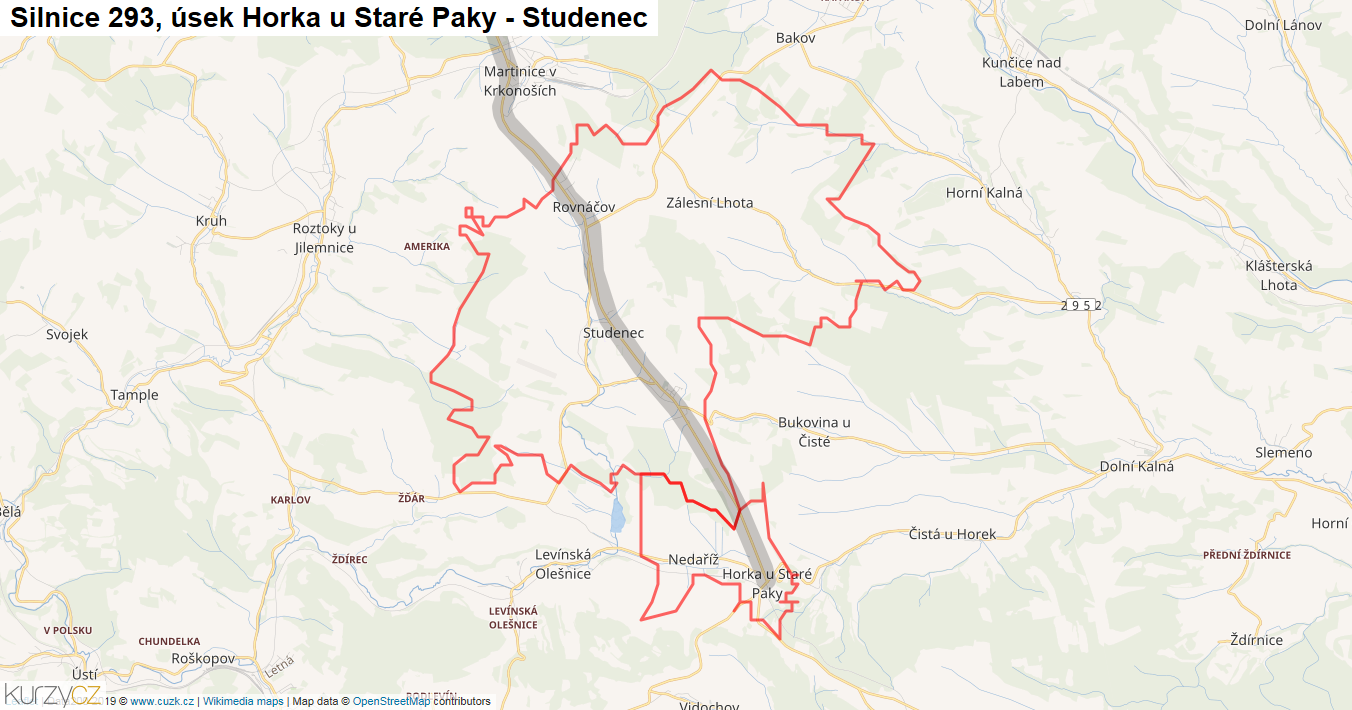 Úsek Horka u Staré Paky - Studenec, Silnice 293 - Mapa