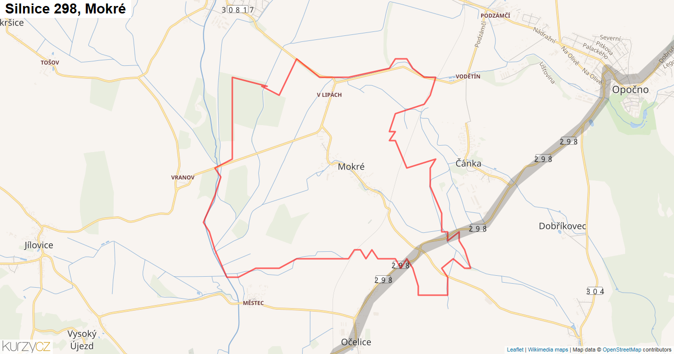 Mokré, Silnice 298 - Mapa
