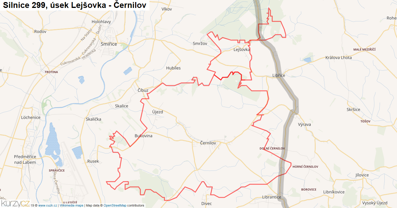 Úsek Lejšovka - Černilov, Silnice 299 - Mapa