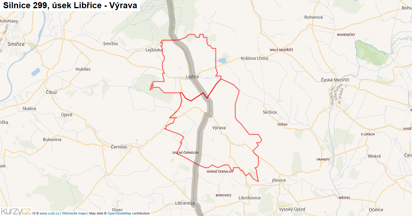 Úsek Libřice - Výrava, Silnice 299 - Mapa