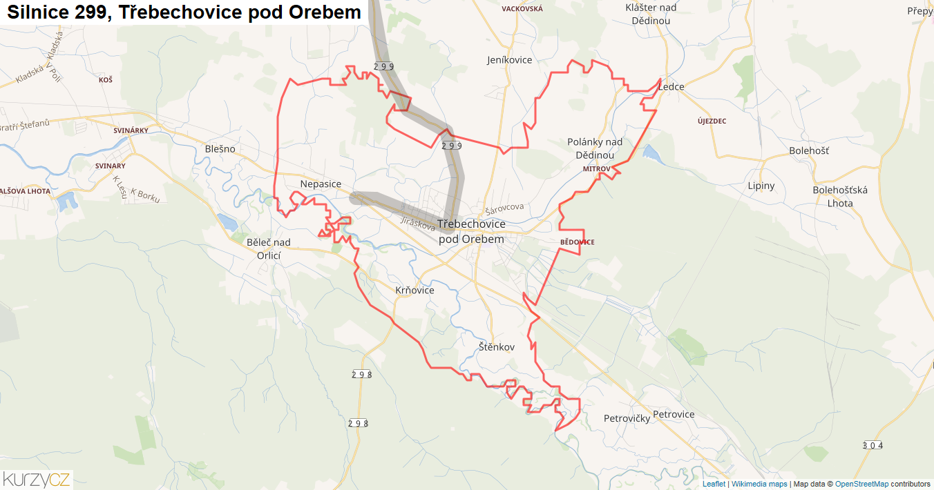 Třebechovice pod Orebem, Silnice 299 - Mapa
