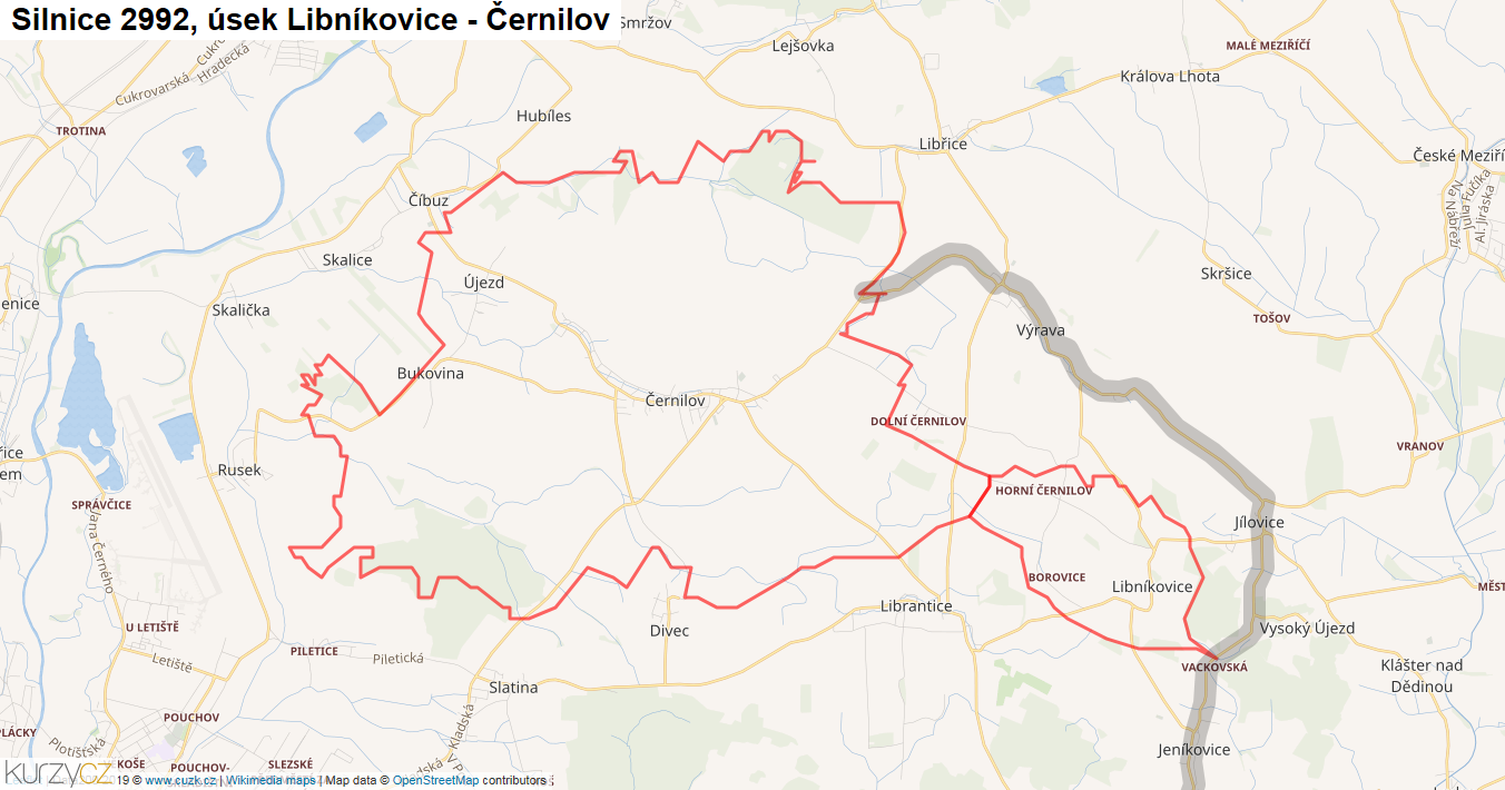 Úsek Libníkovice - Černilov, Silnice 2992 - Mapa