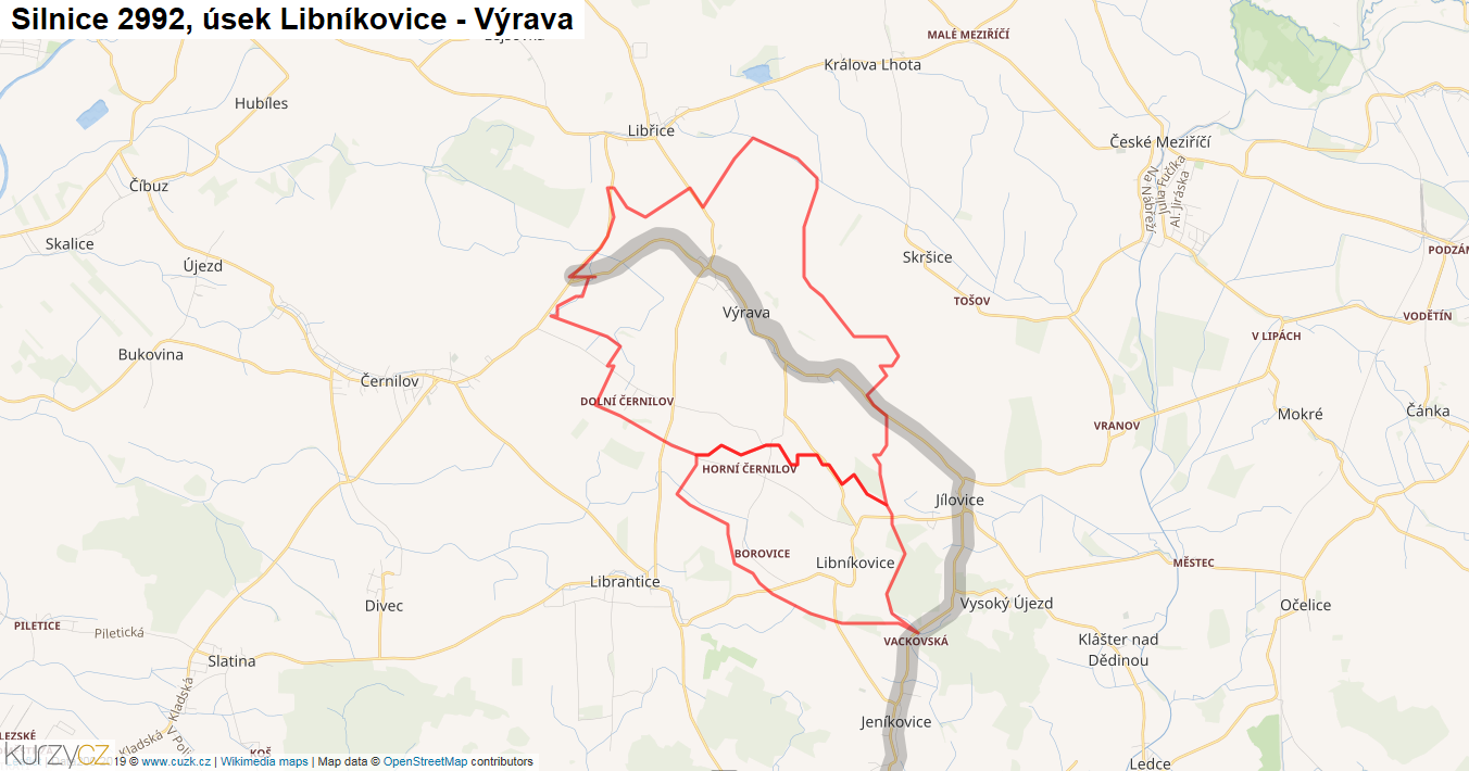 Úsek Libníkovice - Výrava, Silnice 2992 - Mapa