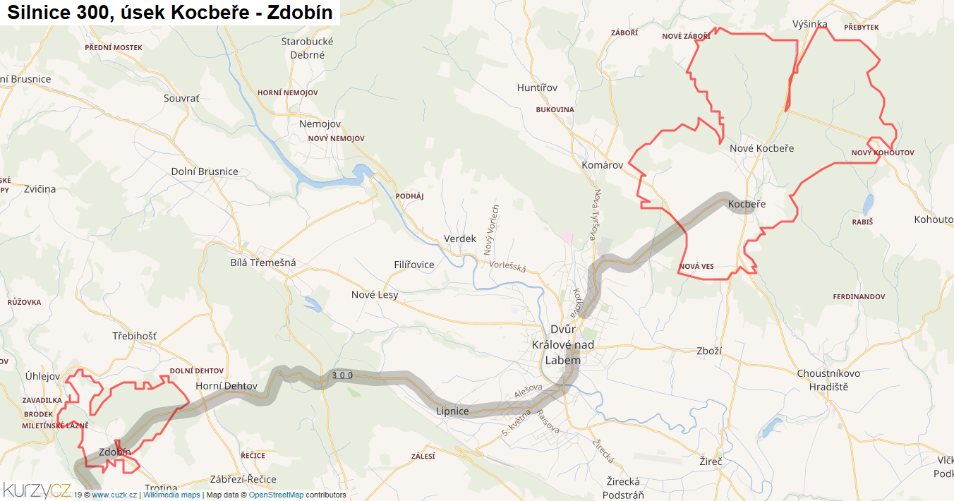 Úsek Kocbeře - Zdobín, Silnice 300 - Mapa