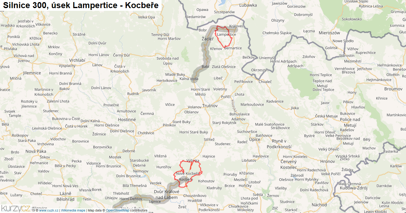Úsek Lampertice - Kocbeře, Silnice 300 - Mapa
