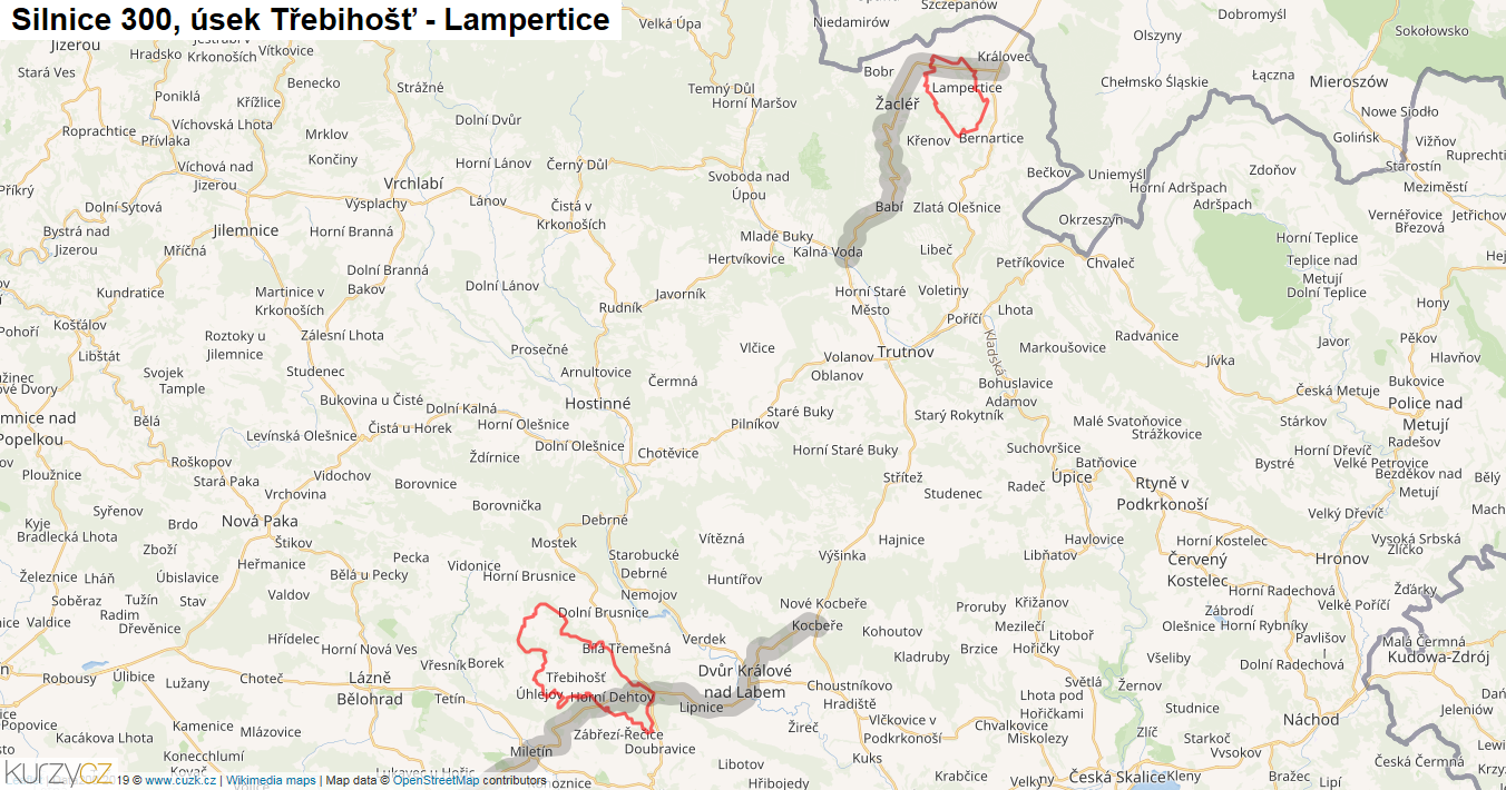 Úsek Třebihošť - Lampertice, Silnice 300 - Mapa