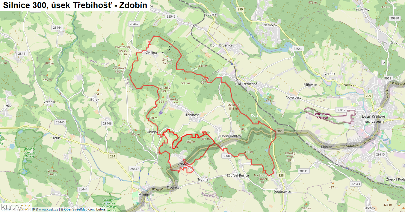 Úsek Třebihošť - Zdobín, Silnice 300 - Mapa