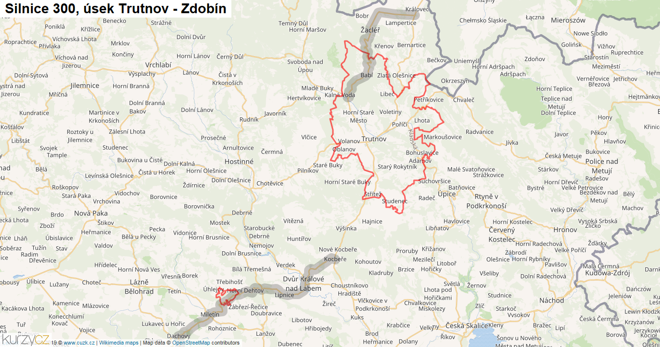 Úsek Trutnov - Zdobín, Silnice 300 - Mapa